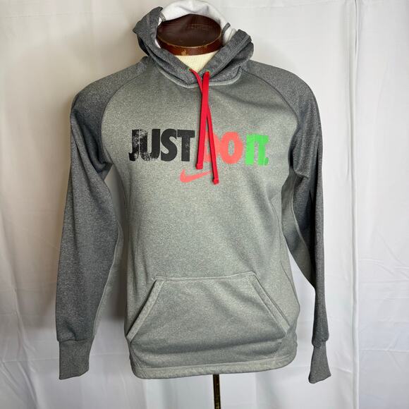 Nike Therma-Fit Men’s Gray Hoodie Just Do It Red Green Logo Medium Sweatshirt - Picture 2 of 10